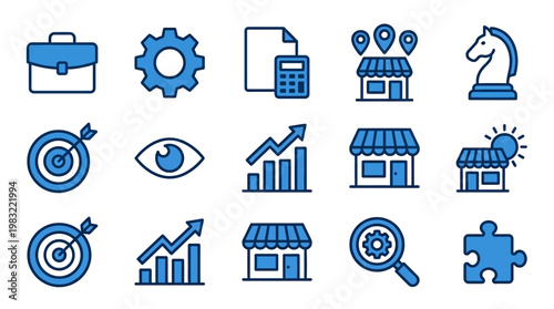 Collection of business and finance icons: targets, charts, gears, locations, storefronts, eye, chess knight, puzzle pieces, and other finance symbols.