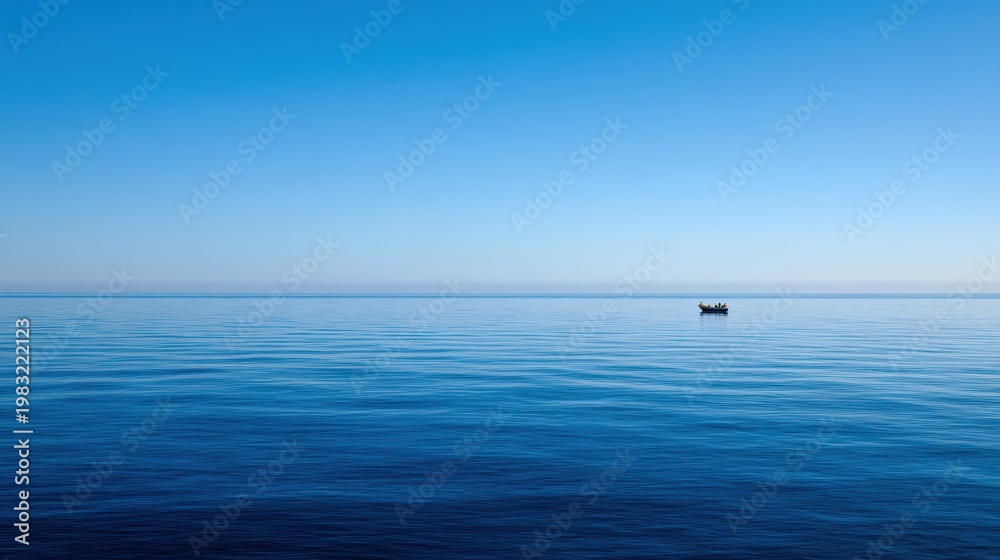 Fototapeta premium Quiet tranquil voyage. Serene vessel floats on calm waters. Peaceful boat gently glides over silent lakes. Calm and silent boat drifts softly through tranquil waters expressing serenity