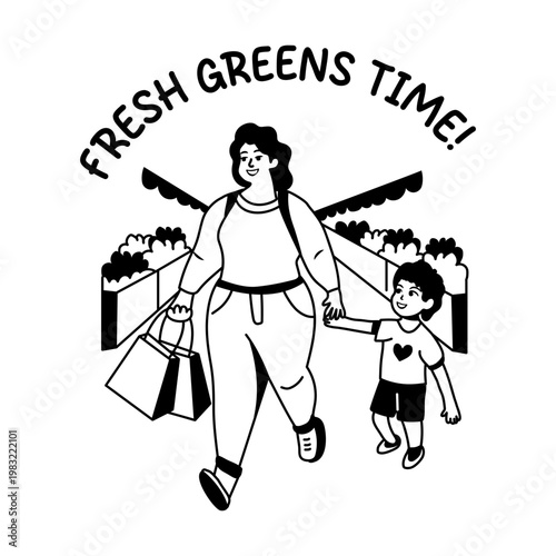A glyph sticker of a mother and child going for grocery shopping 
