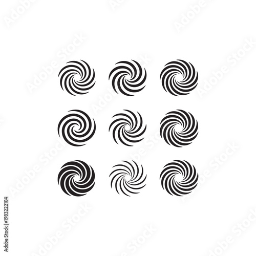 Set of Nine Swirling Vortex Patterns, Abstract Circular Motion Graphics, Black and White Design Elements, Vector Illustration
