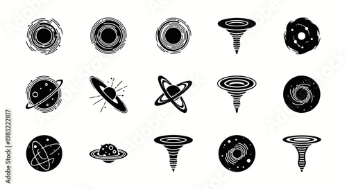 Cosmic Vortex Icons: Black Holes, Planets, and Galaxies Vector Set