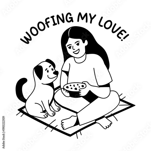A glyph sticker of a woman giving food to her pet with woofing my love typography 
