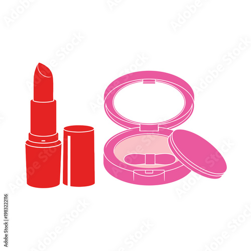 Red Lipstick and Pink Compact Powder Makeup Products Isolated on White Background