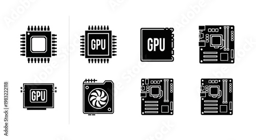 Computer Hardware Icons: CPU, GPU, Motherboard, Fan - Black and White