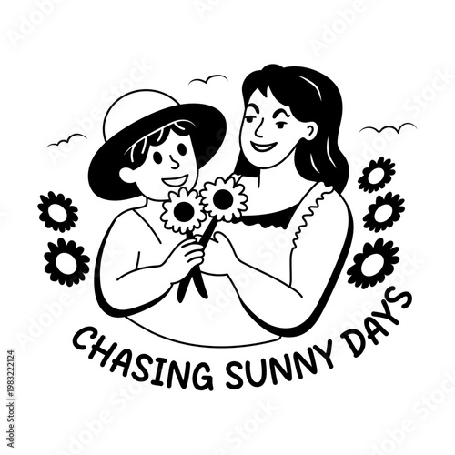 A glyph sticker of mother and child picking sunflowers together 
