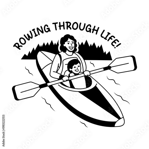 A glyph sticker of a mother rowing boat with her child 
