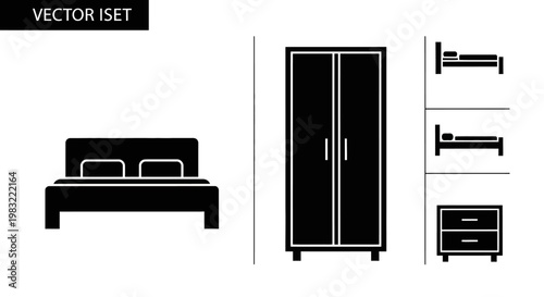 Modern Bedroom Furniture Icons: Bed, Wardrobe, Nightstand - Vector Set