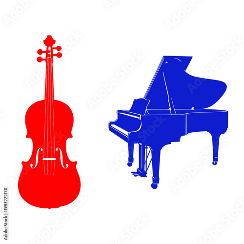 Red Violin and Blue Grand Piano Duo Silhouette on White Background