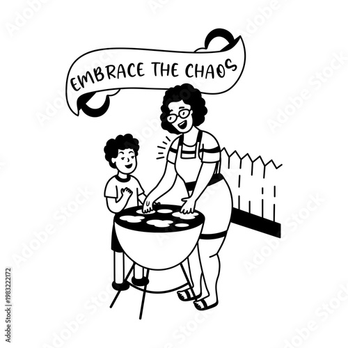 A glyph sticker of mother and son grilling food together 
