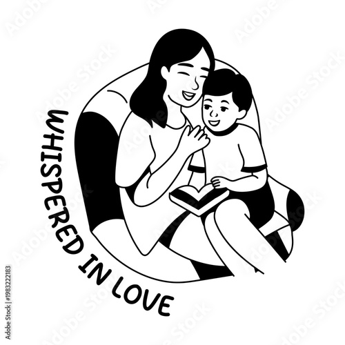 A glyph sticker of mother cuddling her child with whispered in love typography 