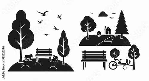 Park scene silhouette with bench, trees, dog, birds, bicycle, and house