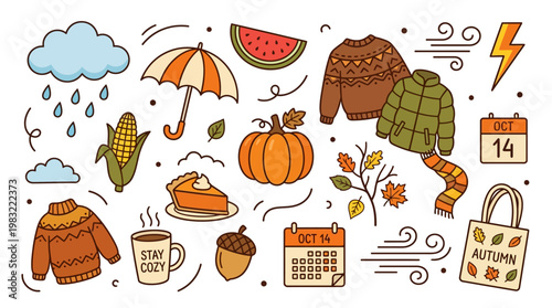 Cozy autumn doodle collage featuring sweaters, rain gear, pumpkins, leaves, corn, gourds, mugs, and fall treats in warm colors