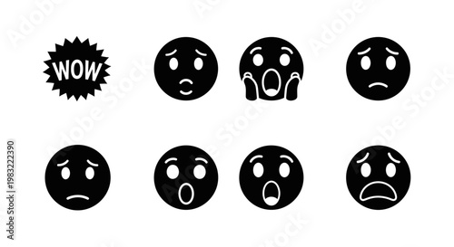 Emoticon Faces Collection: Shock, Surprise, Worry, and Wow - Black and White Icons