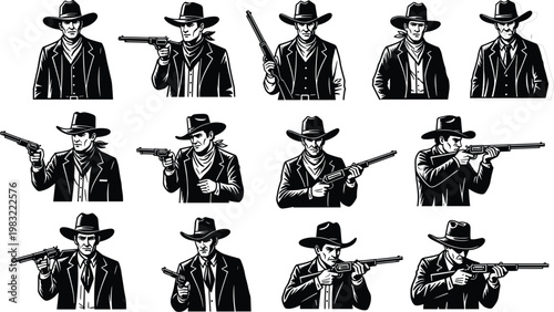 Collection of Vintage Cowboy Silhouette Illustrations Featuring Western Gunfighters Holding Revolvers and Rifles wearing Classic Hats and Bandanas for Vector Design