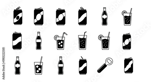 Soda Cans, Bottles, and Glasses Icon Set - Refreshing Drinks Collection