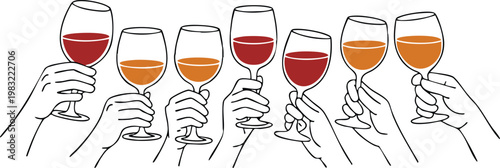 Professional Event Celebration and Party Cheer Illustration, Vibrant Red and Orange Wine Glasses in Festive Toast, vector, illustration, silhouette.