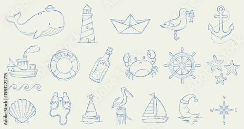 Hand-drawn nautical childish illustration set.
Vintage blue line art maritime icons.
Sea and ocean symbols collection.