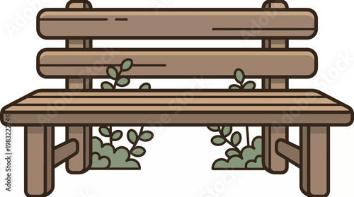 Wooden Park Bench with Overgrown Plants