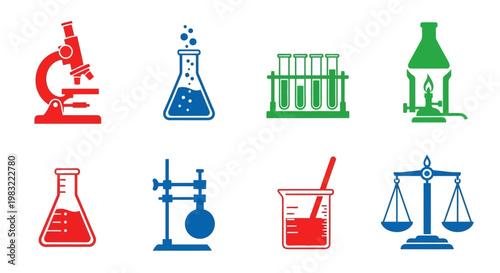 Science Lab Equipment Icons: Microscope, Beaker, Flask, Test Tubes, Bunsen Burner, Scales