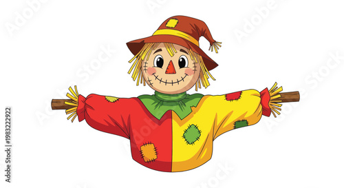Cartoon Scarecrow Character with Straw Hair and Patchwork Clothes