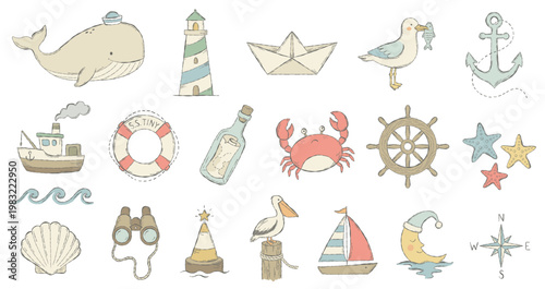 Cute childish nautical collection. Anchor, lighthouse, whale draw. Crab, compass, star icons, art.