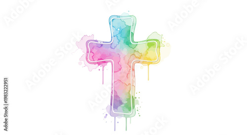 Colorful watercolor cross with dripping paint effect on white background