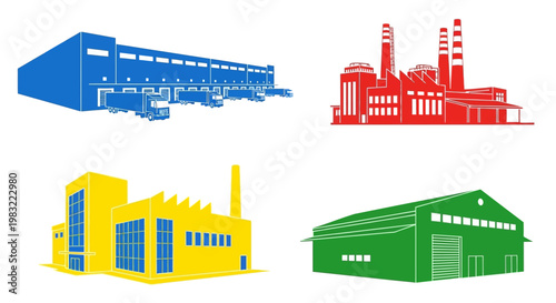 Set of colorful industrial building icons: factory, warehouse, and power plant