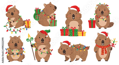 Cute Wombat Christmas Collection: Festive Animals with Lights and Gifts