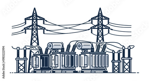 Electrical substation with transformers, power lines and pylons, industrial energy supply illustration