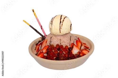 A decadent chocolate shaved ice bowl topped with vanilla ice cream, fresh strawberry slices, boba pearls, and chocolate-dipped biscuit sticks
