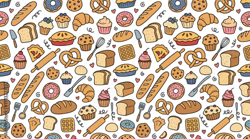 Colorful bakery pattern with croissants, baguettes, donuts, cookies and cakes in a playful illustrated design, ideal for textiles, branding and packaging.