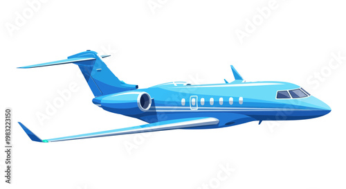 Sleek Blue Private Jet Airplane Flying Isolated on White Background