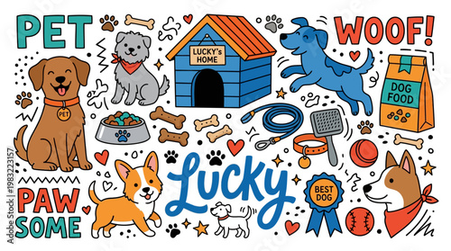 Playful cartoon pets illustration with dogs and cats, a colorful scene featuring a doghouse, bowls, bones, paw prints, and cheerful pet-friendly decor.