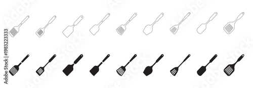 Doodle style black and white set featuring various common kitchen utensils and cooking tools, including spatulas, turners, and a spoon. Illustrated black and white spatulas set, vector  illustration.