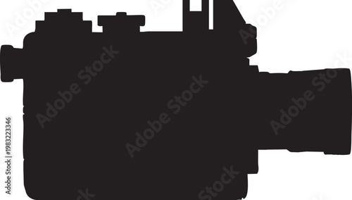 Black silhouette of a professional camera on a white background photography equipment