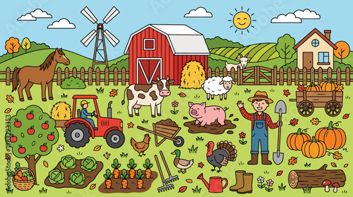 Colorful cartoon farm scene with a cheerful farmer, animals, crops, barn, windmill, and tractor in a sunny rural landscape