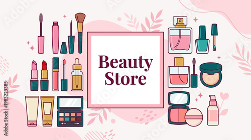 Beauty Store Illustration: Pink-themed cosmetics shop with makeup and skincare products, brushes, palettes, lipstick, mascara, nail polish and skincare bottles