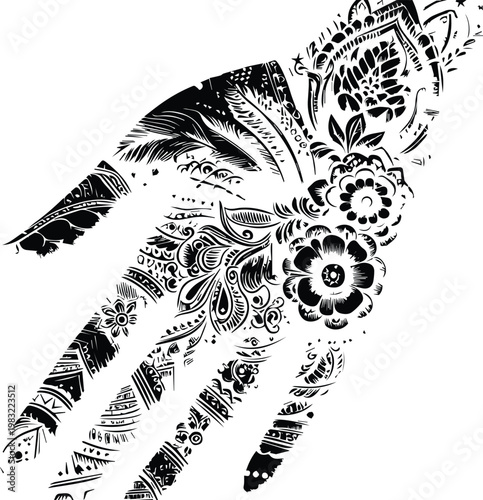 Intricate Mehndi Silhouette Vector in Black and White Traditional Henna Art Design