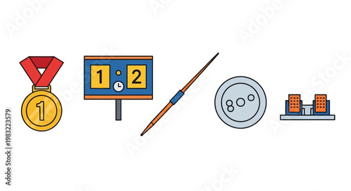 Sports Icons: Medal, Scoreboard, Javelin, Shot Put, Starting Blocks