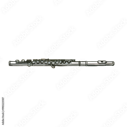 A silver flute musical instrument isolated on a clean white background representing a classical woodwind used in orchestra and jazz music