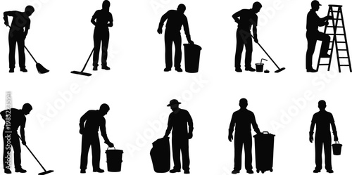 Silhouettes of people performing various cleaning and maintenance tasks