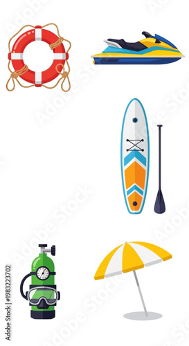 Summer Water Sports and Beach Equipment Icons