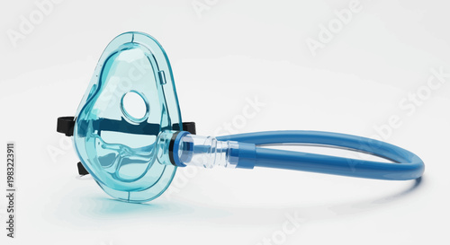 Transparent blue anesthesia mask with breathing tube on white background