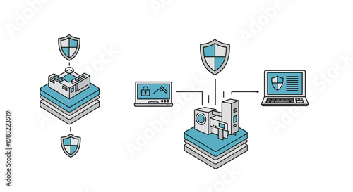 Conceptual flat illustration showcasing data security with computers connected to a server protected by shields, depicted against a clean white background in a minimalist style