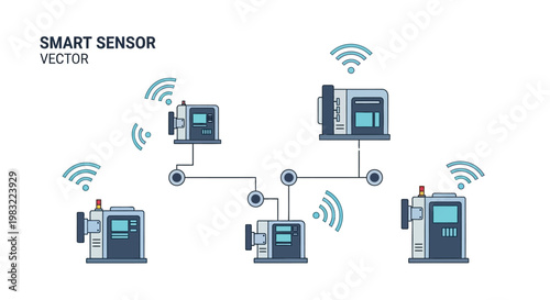 A flat vector illustration pictures a network of smart sensors connected by lines and emitting wireless signals, set against a clean white background, creating a modern and technological