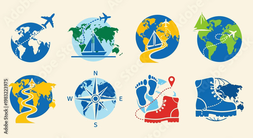 Travel Icons: Globe, Airplane, Sailboat, Compass, Footprints, Hiking Boots, World Map