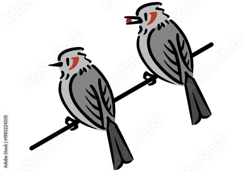 電線に止まるヒヨドリ。鳥のイラスト。アイソメトリック図。