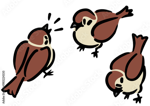 3羽のスズメ。鳥のイラスト。アイソメトリック図。