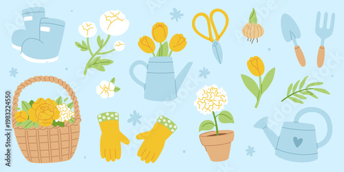Gardening set with flowers and garden tools. Cute cottagecore gardening collection.