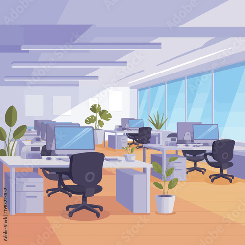 Modern office interior with desks and computers during daytime vector illustration